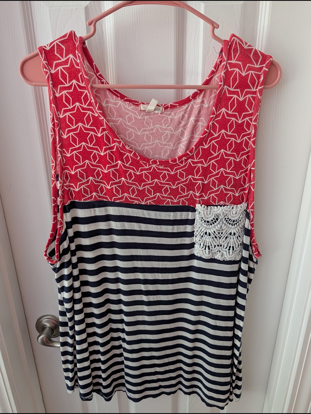 Sleeveless Red Star Print & Navy Stripe Tank Top with Lace Pocket